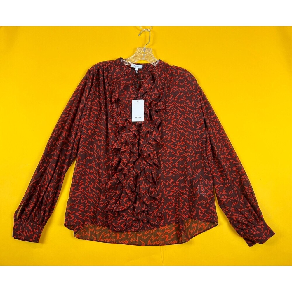 REISS Pippa Zig Zag Ruffled Blouse Top Womens US 2 UK 6 Red Long Sleeve $240 NWT